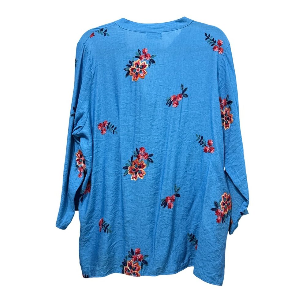 Kindred Embroidered Floral Button-Down Shirt 2X Blue 100% Polyester - Picture 4 of 7